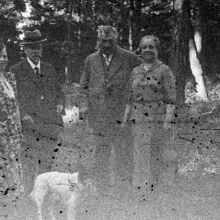 Group of people and a dog stand in a forest.