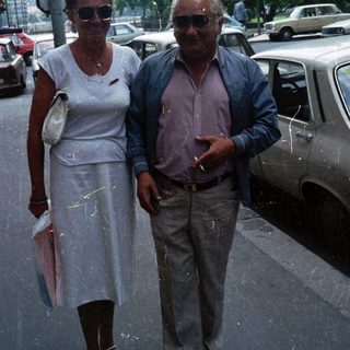 Older couple stands near a car on a city street.