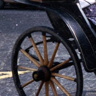 Woman and driver in a horse-drawn carriage.