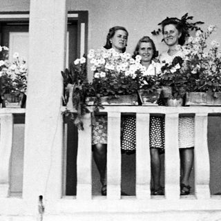 Three women stand on a balcony with flower boxes.