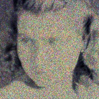Here's a brief summary of the image: Marble bust of a woman against a patterned background.
