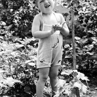 Here's a brief summary of the image: Child in overalls stands near foliage, smiling for the camera.