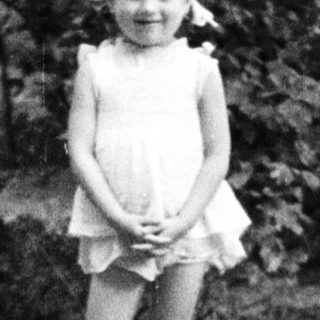 Here's a brief summary of the image: Young girl stands on a tree stump in a wooded area.