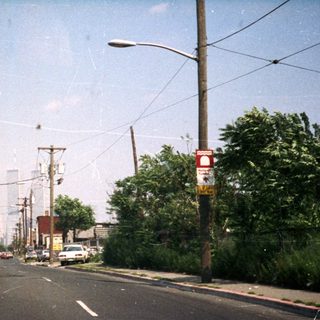 Street view with buildings and foliage in the distance.