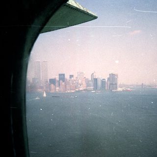 View of the New York City skyline from a boat.