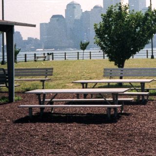 Park picnic tables with World Trade Center in background.