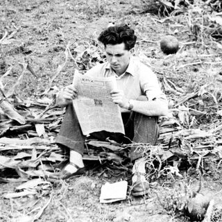 Man reading a newspaper outdoors amidst corn stalks.