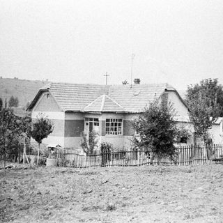 Black and white photo of a house with a yard.