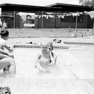 Family enjoying backyard pool on sunny day.