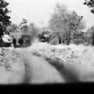Snow-covered forest path with falling snow.