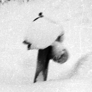 Snowy backyard scene with person shoveling snow.