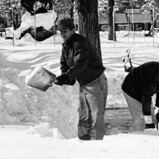 People shoveling snow in a snowy park.