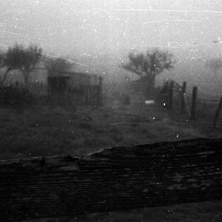 Rainy countryside scene with misty fields.