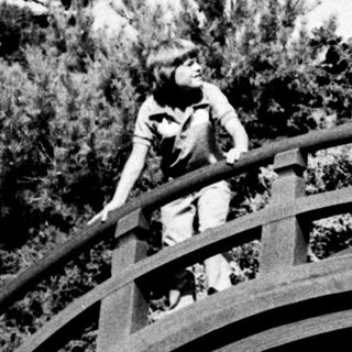 People posing on a curved wooden bridge in a park.