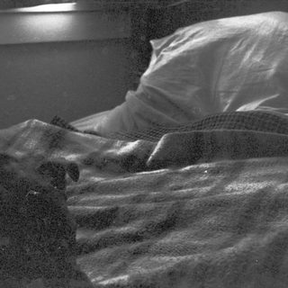 Unmade bed with rumpled sheets and pillow.