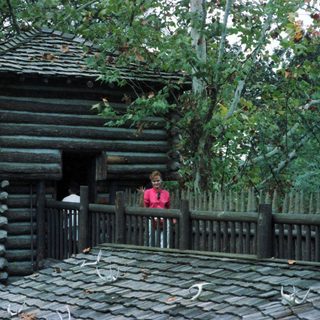 Log cabin with person standing on wooden porch.
