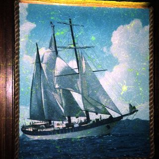 Vintage painting of a sailing ship at sea.