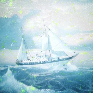 Stormy seas with a sailing ship navigating rough waves.