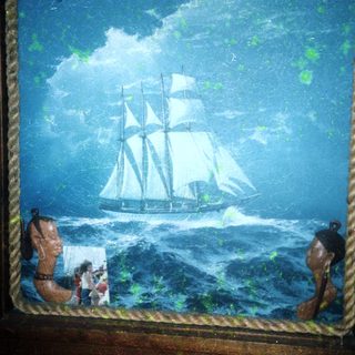 Maritime painting with sailing ship and coastal scene.