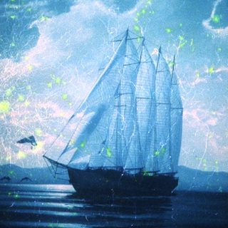 A vintage sailing ship on stormy seas at dusk.