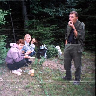 People foraging or gathering in a wooded area.