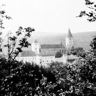 Medieval castle surrounded by dense foliage.