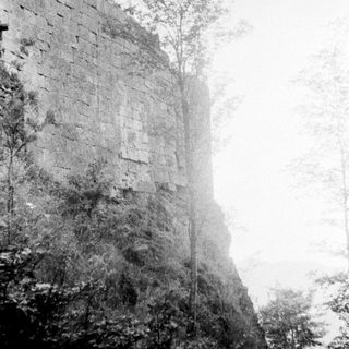 Ancient stone fortress wall with trees.