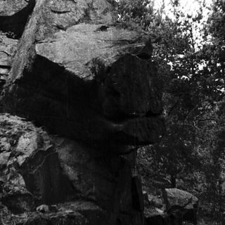 Large rock formation resembling human face in forest.