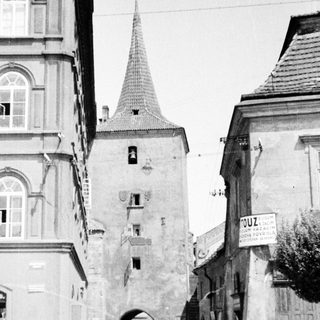 Black and white photo of a historic gate and buildings.