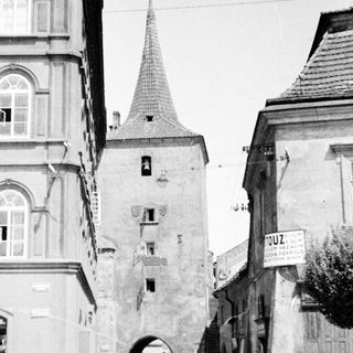 Black and white photo of a historic gate and buildings.