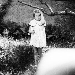 Young girl stands outdoors, holding a tree branch.