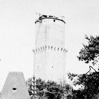 Tower and building seen along a tree-lined road.