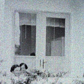 Man and child visible through a window, blurred foliage.