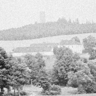 Monochromatic landscape featuring trees, fields, and a distant structure.