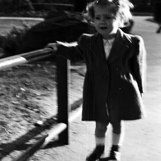 Young child stands outdoors, leaning on a railing.