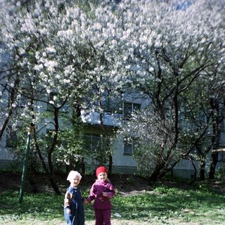 Two children stand near flowering trees and a building.