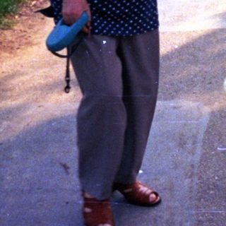 Woman walks a small dog on a sunny path.