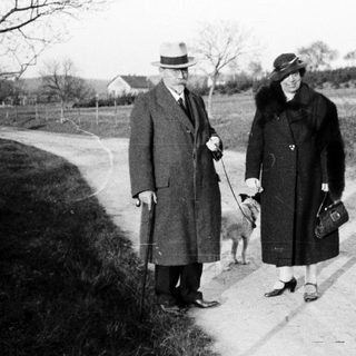 Couple walks dog along a country road.