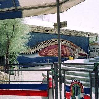 Whale skeleton mural displayed outdoors in a zoo setting.