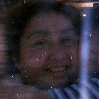 Girl looking through a window, camping scene in background.