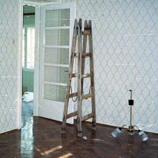Room with patterned wallpaper, ladder, and unfinished wooden floor.