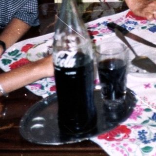 People share a meal with a dog at a table.