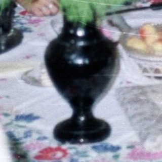 Woman and dog sit near table with fruit and flowers.