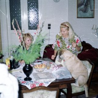 Woman and dog sit near table with fruit and flowers.