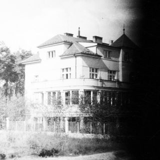 Large, vintage house stands amongst tall trees.