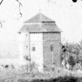 Tower framed by tree branches, viewed through grassy landscape.