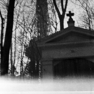 Cemetery building and trees shrouded in mist or snow.