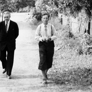 Three men walking along a rural, tree-lined road.