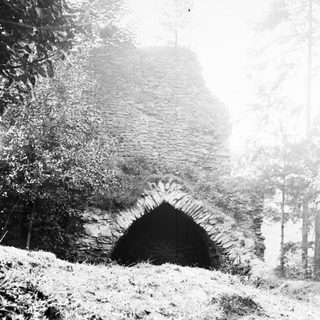 Ruined stone archway overgrown with vegetation in a forest.