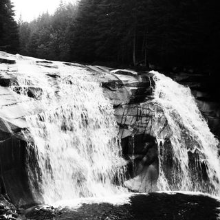 Water cascades down rocks in a forested, monochrome landscape.